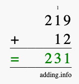 Calculate 219 + 12 using long addition