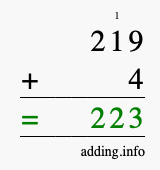 Calculate 219 + 4 using long addition