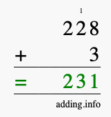 Calculate 228 + 3 using long addition