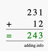 Calculate 231 + 12 using long addition