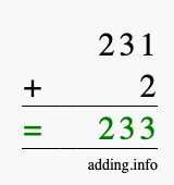 Calculate 231 + 2 using long addition