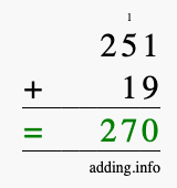 Calculate 251 + 19 using long addition