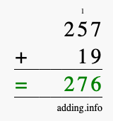 Calculate 257 + 19 using long addition