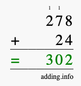 Calculate 278 + 24 using long addition