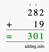Calculate 282 + 19 using long addition
