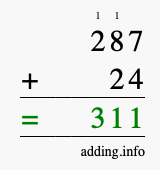 Calculate 287 + 24 using long addition