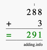 Calculate 288 + 3 using long addition