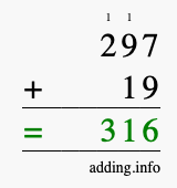 Calculate 297 + 19 using long addition