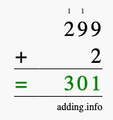 Calculate 299 + 2 using long addition