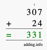 Calculate 307 + 24 using long addition