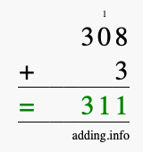Calculate 308 + 3 using long addition