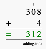 Calculate 308 + 4 using long addition