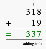 Calculate 318 + 19 using long addition