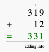 Calculate 319 + 12 using long addition