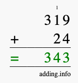 Calculate 319 + 24 using long addition