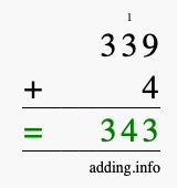 Calculate 339 + 4 using long addition