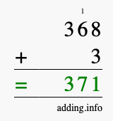 Calculate 368 + 3 using long addition