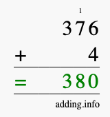 Calculate 376 + 4 using long addition