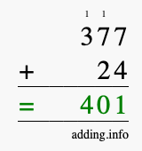 Calculate 377 + 24 using long addition