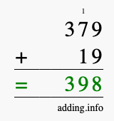 Calculate 379 + 19 using long addition