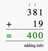 Calculate 381 + 19 using long addition