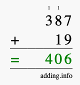 Calculate 387 + 19 using long addition