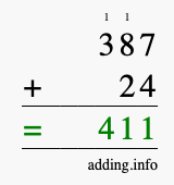 Calculate 387 + 24 using long addition