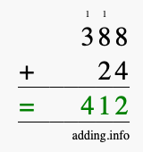 Calculate 388 + 24 using long addition