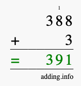 Calculate 388 + 3 using long addition