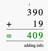 Calculate 390 + 19 using long addition