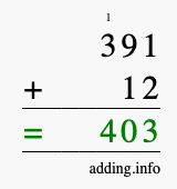 Calculate 391 + 12 using long addition