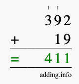 Calculate 392 + 19 using long addition