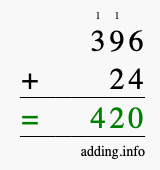 Calculate 396 + 24 using long addition