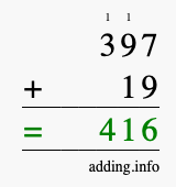 Calculate 397 + 19 using long addition