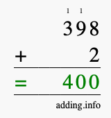 Calculate 398 + 2 using long addition