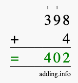 Calculate 398 + 4 using long addition