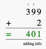 Calculate 399 + 2 using long addition