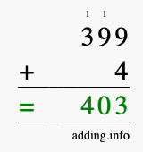 Calculate 399 + 4 using long addition