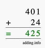 Calculate 401 + 24 using long addition