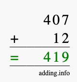 Calculate 407 + 12 using long addition