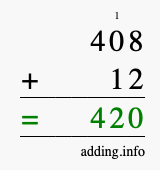 Calculate 408 + 12 using long addition