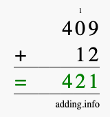 Calculate 409 + 12 using long addition