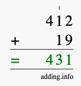 Calculate 412 + 19 using long addition