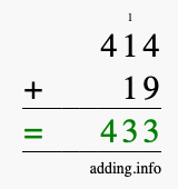 Calculate 414 + 19 using long addition