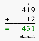 Calculate 419 + 12 using long addition