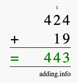 Calculate 424 + 19 using long addition