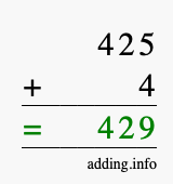 Calculate 425 + 4 using long addition
