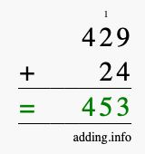 Calculate 429 + 24 using long addition