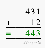 Calculate 431 + 12 using long addition