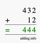 Calculate 432 + 12 using long addition